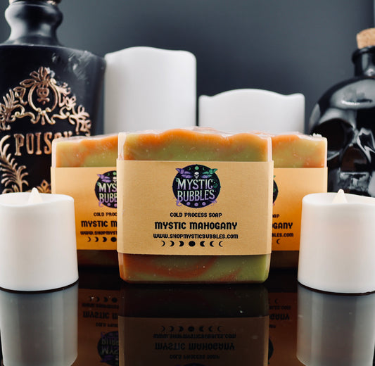 Mystic Mahogany handcrafted soap with rich woodsy fragrance inspired by Mahogany Woods and a masculine luxury design.