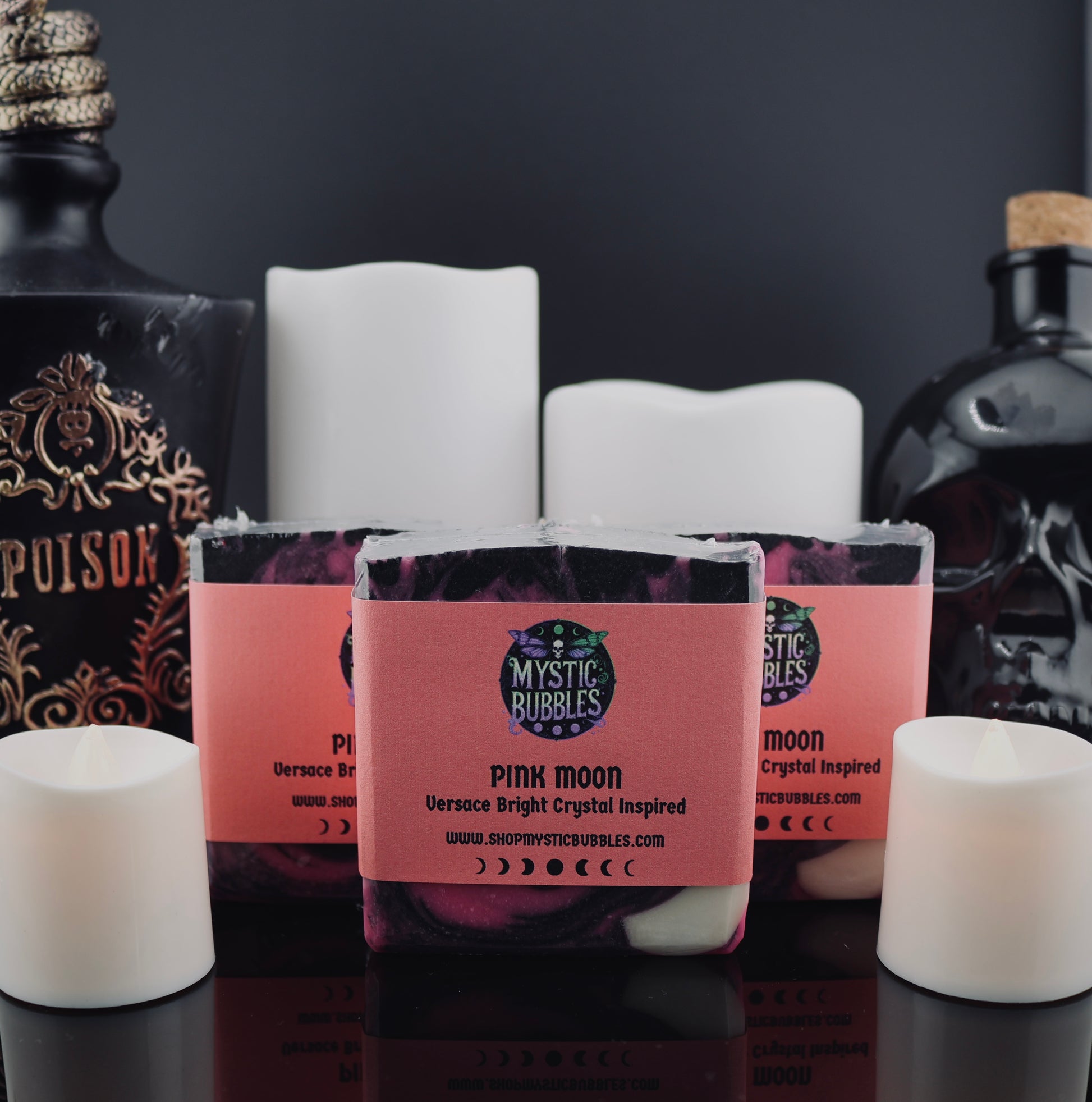 Pink Moon artisan soap by Mystic Bubbles with black and pink swirls inspired by Bright Crystal fragrance.