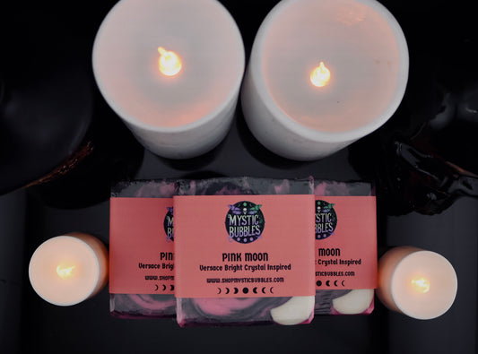 Pink Moon artisan soap by Mystic Bubbles with black and pink swirls inspired by Bright Crystal fragrance.