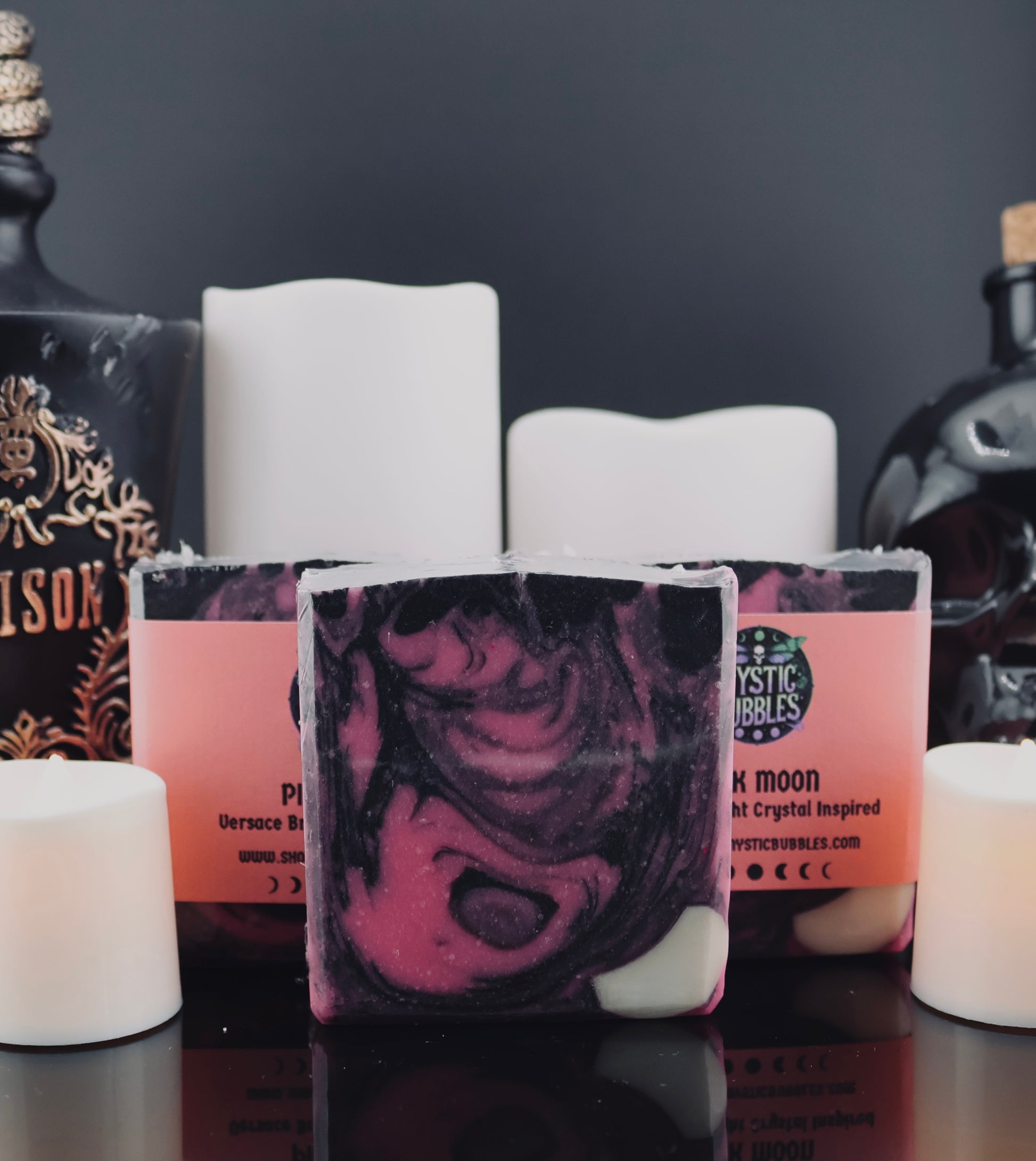 Pink Moon artisan soap by Mystic Bubbles with black and pink swirls inspired by Bright Crystal fragrance.