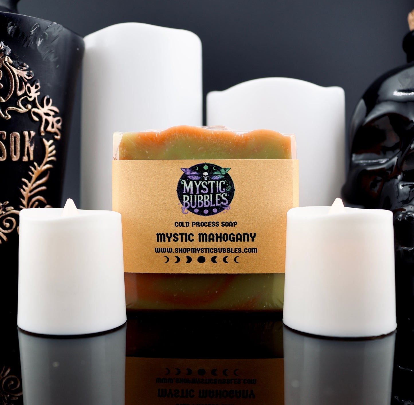 Mystic Mahogany handcrafted soap with rich woodsy fragrance inspired by Mahogany Woods and a masculine luxury design.