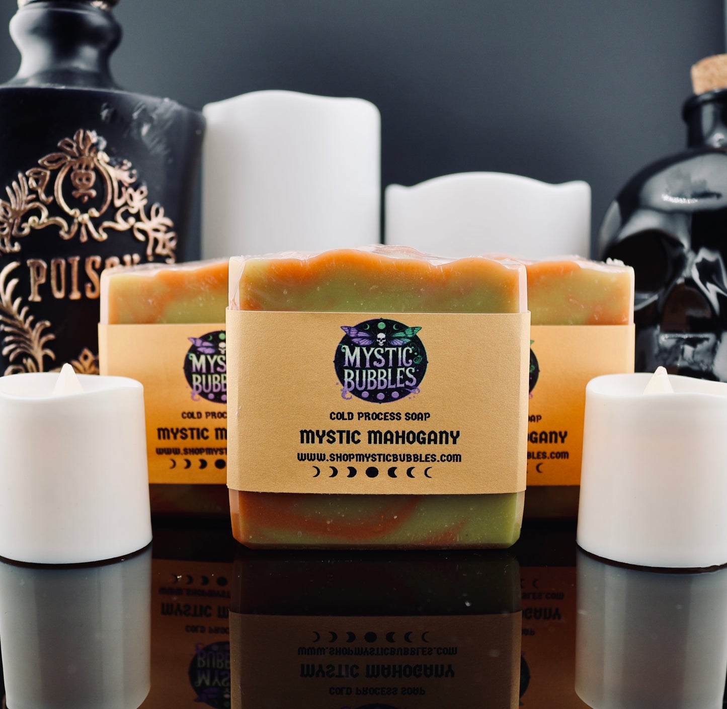 Mystic Mahogany handcrafted soap with rich woodsy fragrance inspired by Mahogany Woods and a masculine luxury design.