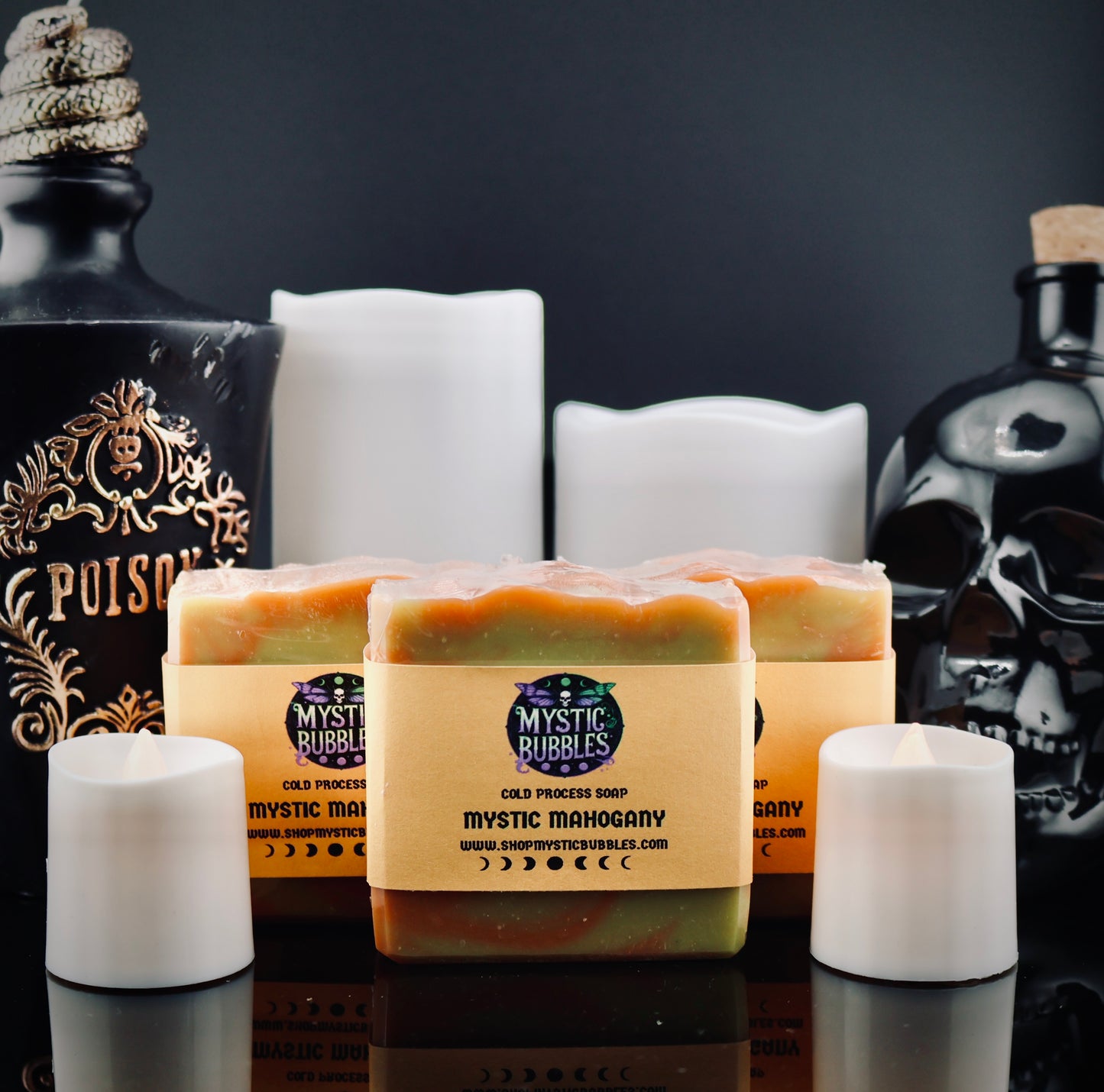 Mystic Mahogany handcrafted soap with rich woodsy fragrance inspired by Mahogany Woods and a masculine luxury design.